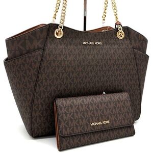 Michael Kors Large Jet Set Travel Chain Shoulder Bag & Trifold Wallet Brown